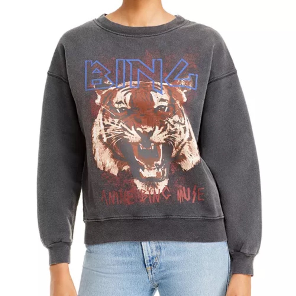 Anine Bing Gray Crew Neck Sweater with Vintage Graphic